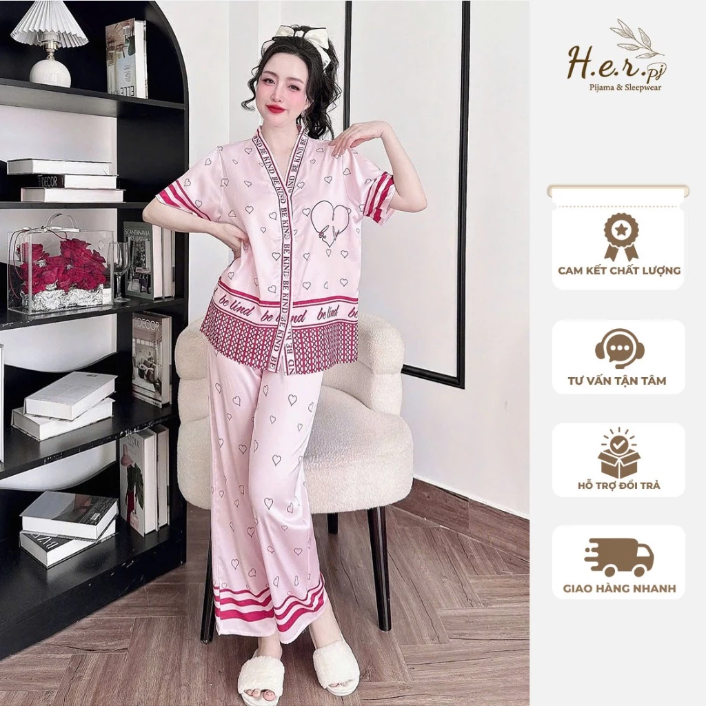 Bộ pijama tay ngắn quần dài cổ y chất lụa lạnh cao cấp họa tiết mới