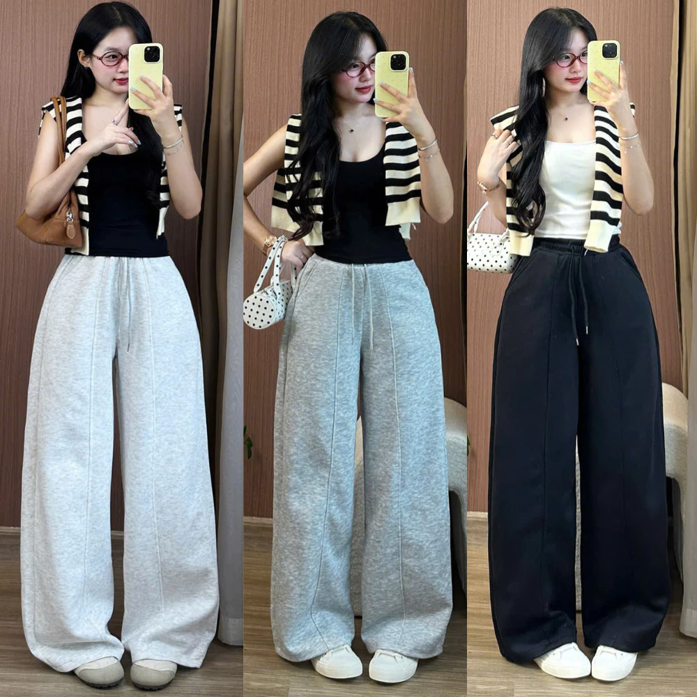 Quần nỉ ống rộng phối gân nữ MIAA chất nỉ 2 da quần nỉ ống suông tôn dáng mặc ấm áp mùa thu đông thoải mái form rộng