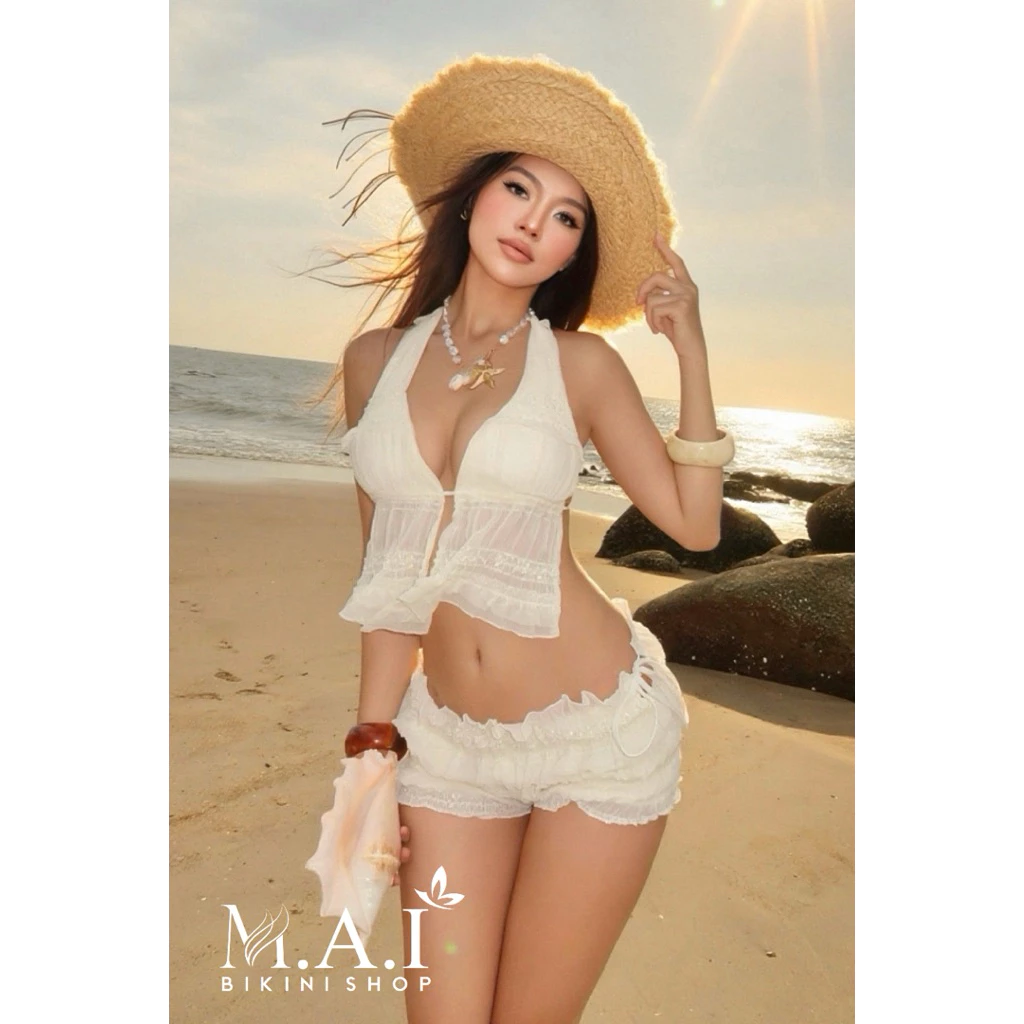 MAI BIKINI • CÓ SẴN HN • Sét 3 Món Áo Buộc Cổ Trắng Voan Nhúm Mix Quần Đùi ( Áo sẵn mút,Quần chíp bên trong quần đùi)