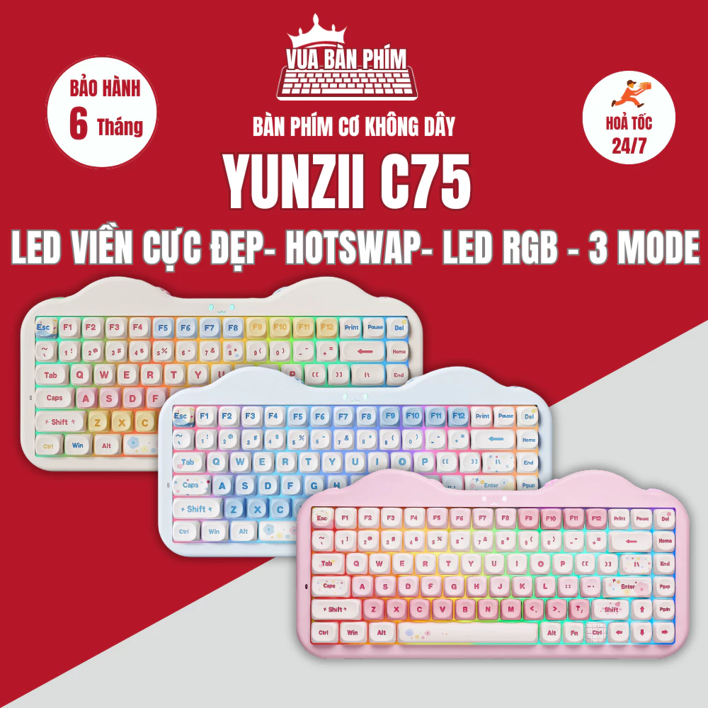 Bàn phím cơ Yunzii C75 | yunzii c75 không dây led viền cực đẹp , hình mèo dễ thương mạch xuôi, keycap pbt doubleshot