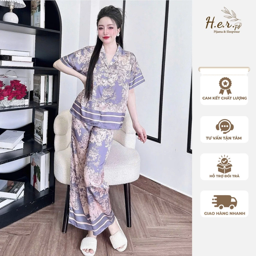 Đồ ngủ nữ pijama quần dài tay cộc chất lụa latin cao cấp mềm mát họa tiết sang trọng