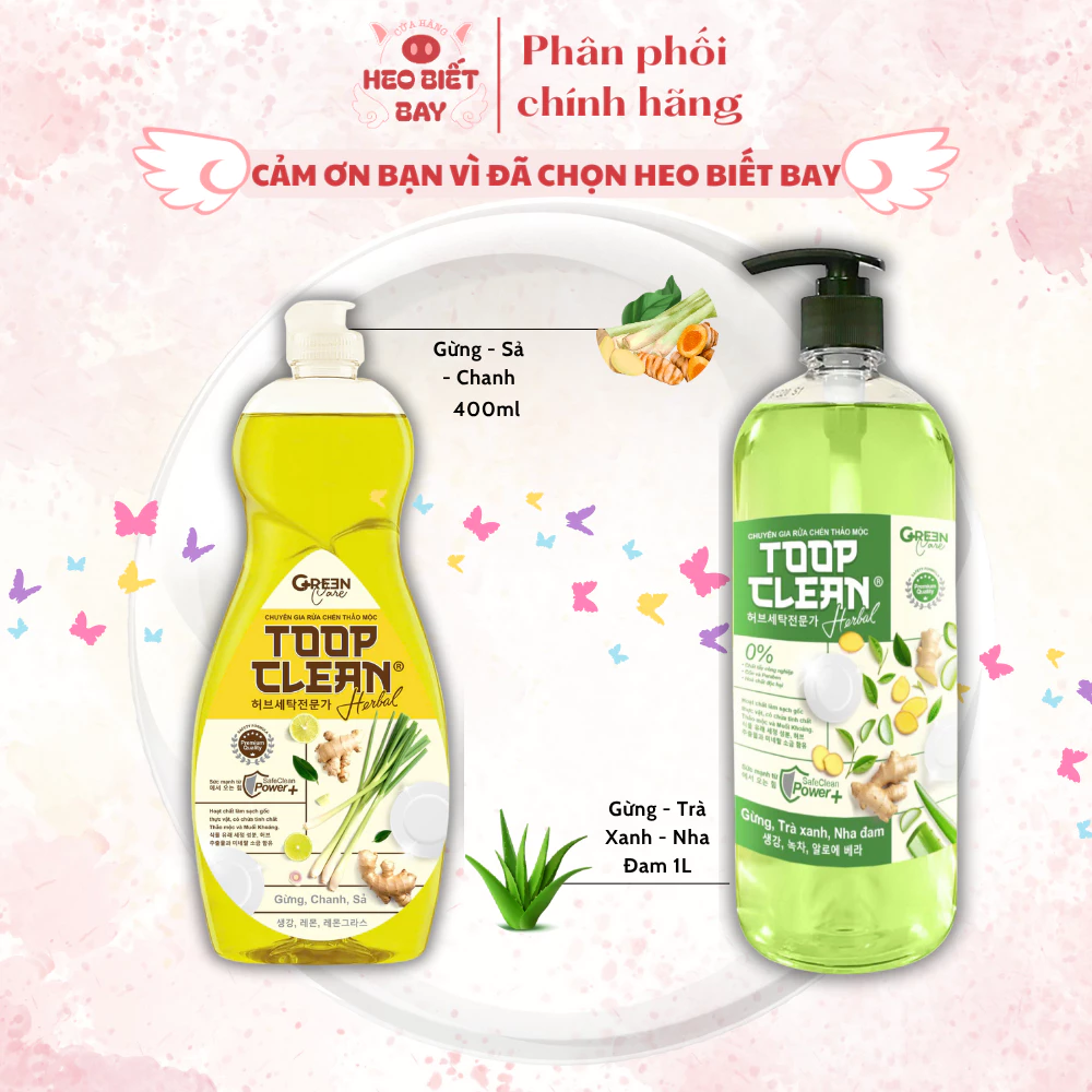 Nước Rửa Chén Thơm Sạch Kin Kít Toop Clean 400ml và 1L - Tinh Chất Thảo Mộc, An Toàn Da Tay