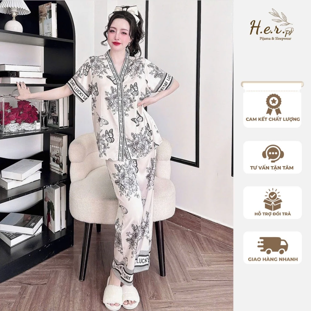 Bộ đồ ngủ nữ cổ y mặc nhà pijama lụa latin cao cấp tay ngắn quần dài họa tiết sang trọng
