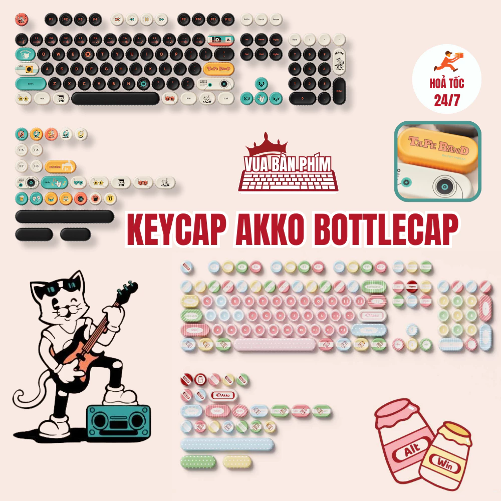 Bộ keycap Akko BottleCap Punk Cat,  Classic chất liệu pbt in nhiệt dysesub, profile moa ,131 Nút