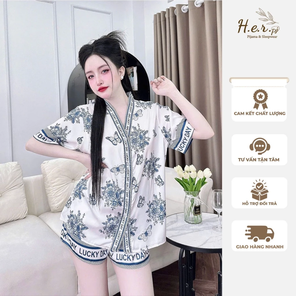 Đồ ngủ nữ cộc đùi pijama lụa latin cao cấp cổ y sang trọng