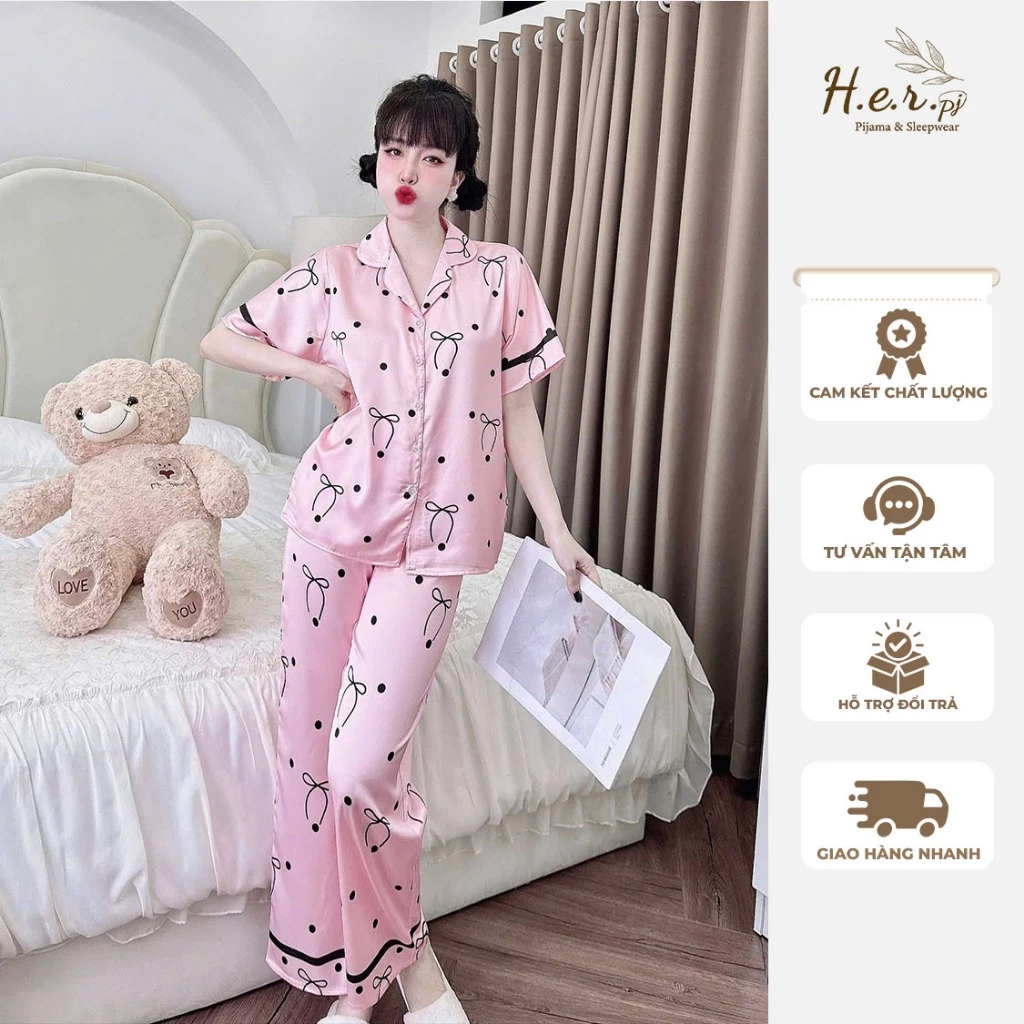 Bộ đồ ngủ nữ mặc nhà pijama lụa latin cao cấp tay ngắn họa tiết dễ thương