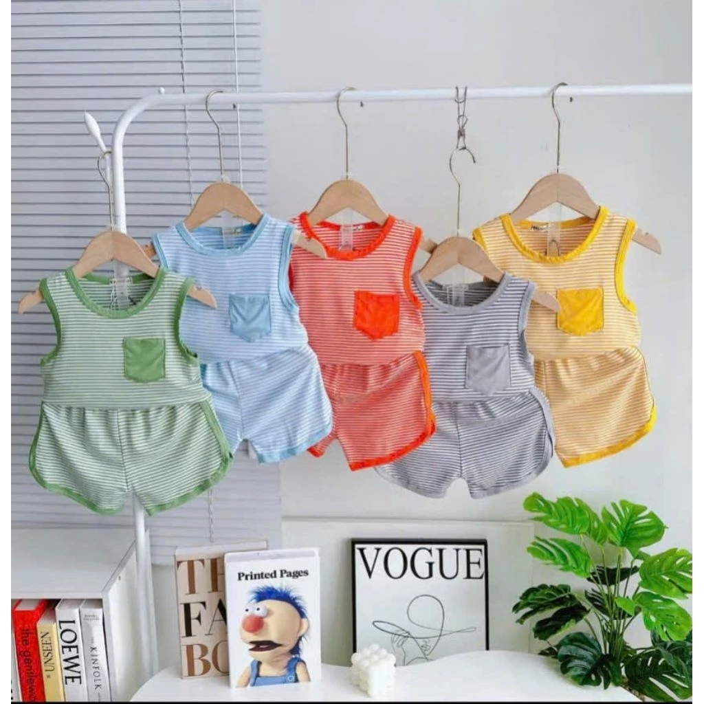 COMBO 3-5b thun lạnh ba lỗ sọc dệt có túi quần vát cho bé từ 6 -16kg