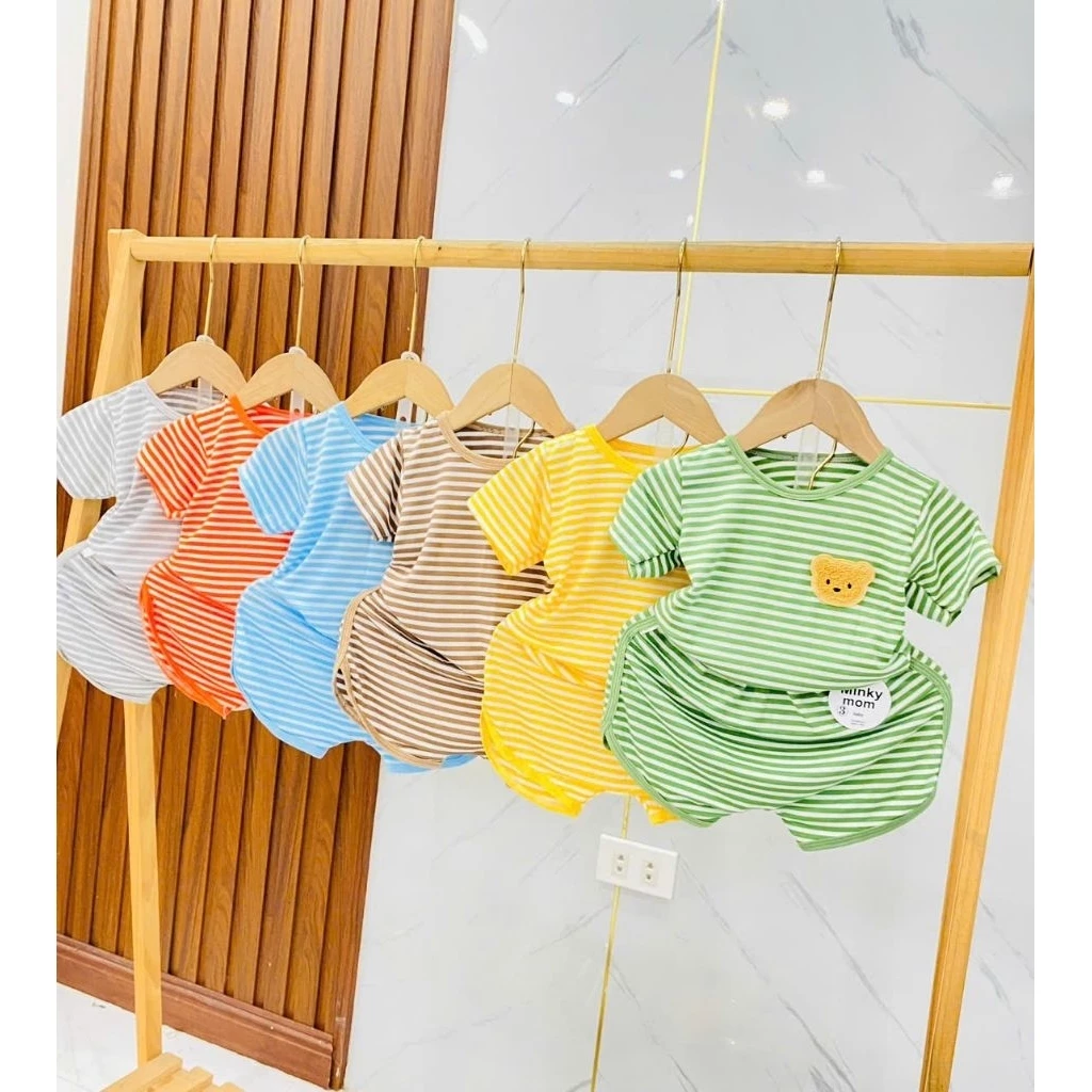 Bộ thun lạnh cộc tay sọc dệt hình gấu quần vát cho bé 6-16kg