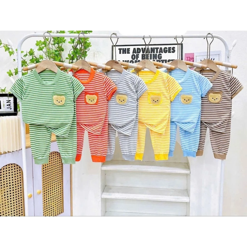 Bộ thun lạnh  tay ngắn quần dài có túi hình gấu cho bé từ 6-16kg