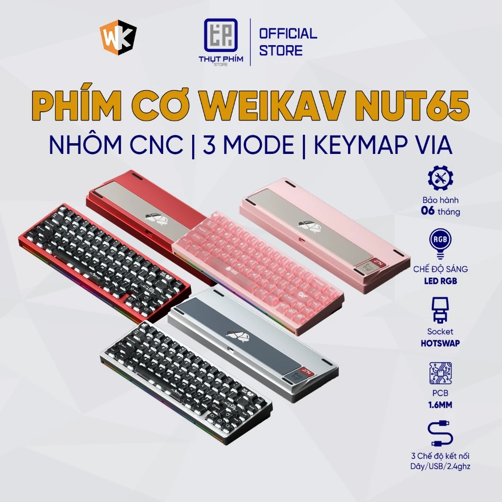 Bàn phím cơ NUT65 FULL PHÍM mạch 1.6mm 3 mode kết nối RGB keymap VIA Thụt Phím Store