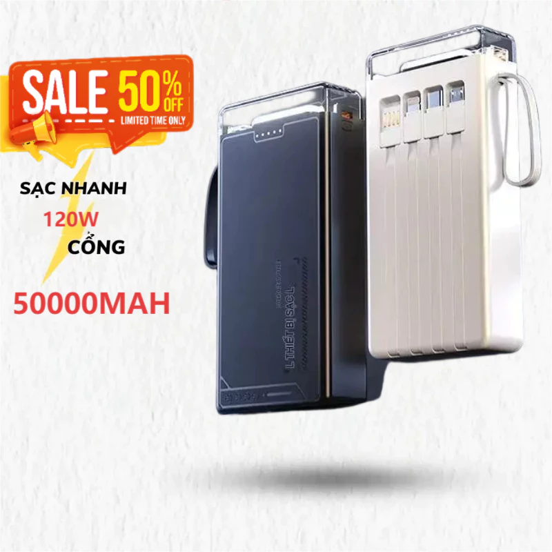 Sạc dự phòng 50000mAh 80000mah sạc nhanh 120W pin dung lượng lớn có dây cắm nhiều điện thoại
