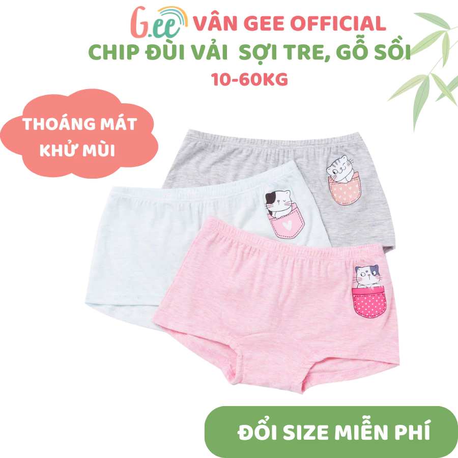 Set 3 chip đùi bé gái Gee vải sợi tre, gỗ sồi mềm mát kháng khuẩn, chun mềm mại co dãn size 10-60kg