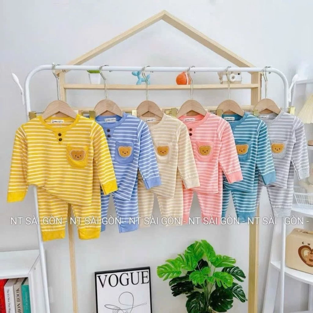 Bộ thun lạnh dài tay cho bé cho có túi hình gấu, vải mềm mịn mát cho bé từ 6-24kg
