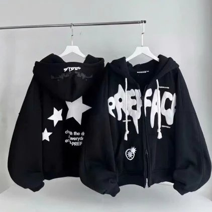 Áo Khoác Hoodie Zip Nỉ In Nổi Boxy Three Strars Khoá Kéo Zip 2 Chiều , Áo Hoodie In Chữ Nổi Dáng Form Rộng Nón 2 Lớp