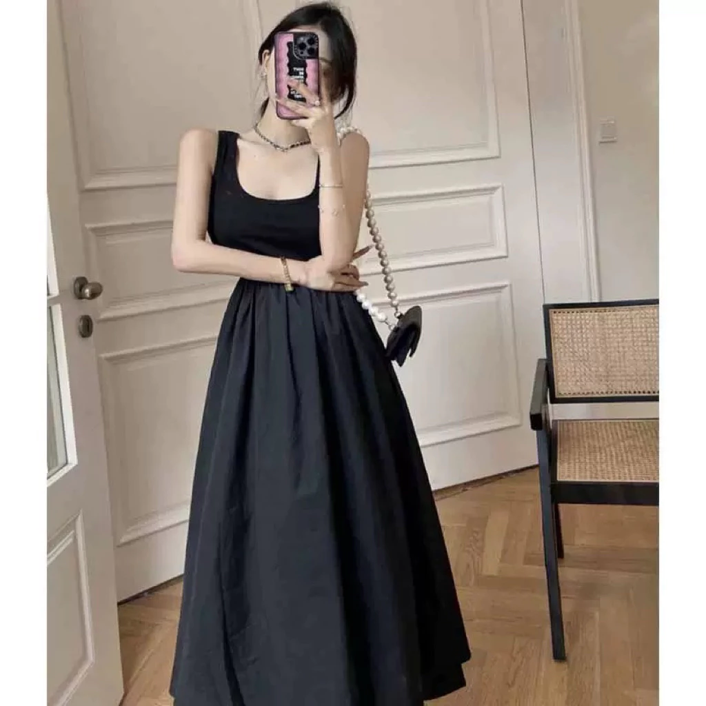 ĐẦM DÂY DÁNG DÀI BASSIC FORM XOÈ CHẤT VẢI CAO CẤP tôn dáng -Đen/Hồng có may 2 túi và lớp lót váy