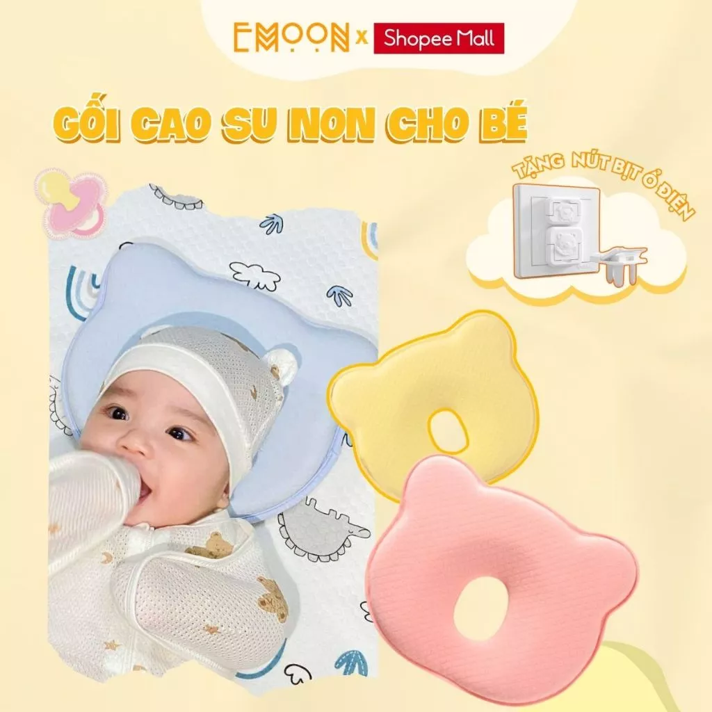 Gối cao su non chống bẹp đầu cho bé từ 0-1 tuổi Emoon mềm mịn, thoáng khí nâng đỡ cổ