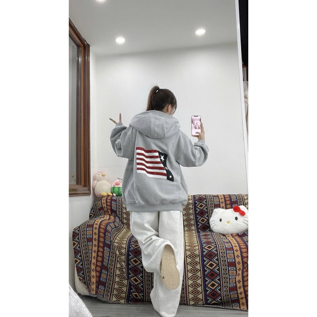 ÁO KHOÁC NỈ COTTON FOM BOXY MÙA ĐÔNG ĐEN HÌNH THÊU CỜ NGÔI SAO