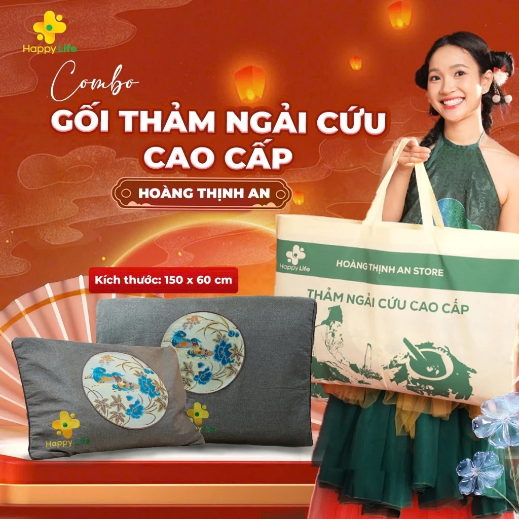 Combo Thảm Và Gối Ngải Cứu Hoàng Thịnh An Cao Cấp Chính Hãng, Thải Điện, Đệm Sưởi Ngải Cứu Đông Y