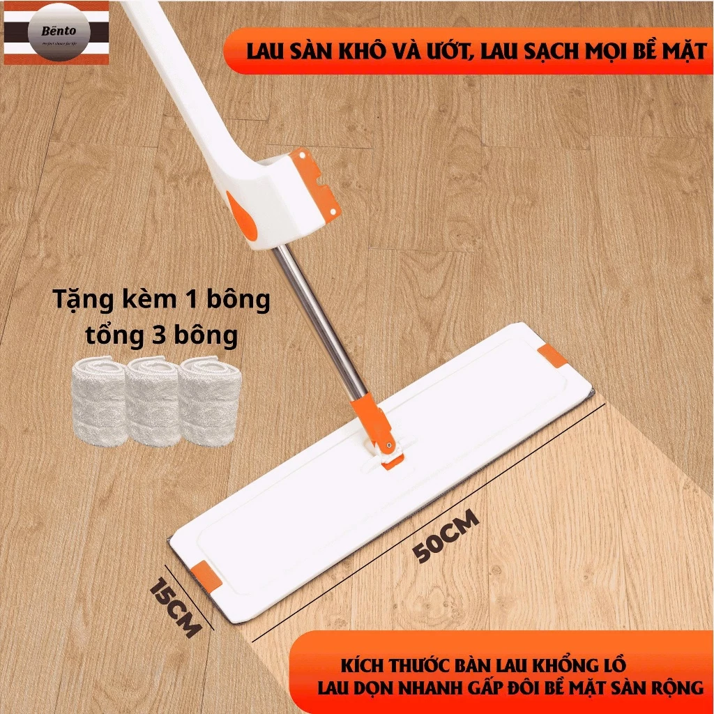Cây lau nhà tự vắt cỡ đại cao cấp dài 50cm*rộng 15cm BENTO MOP Xoay 360 độ Lau Sàn (Tổng 3 bông)
