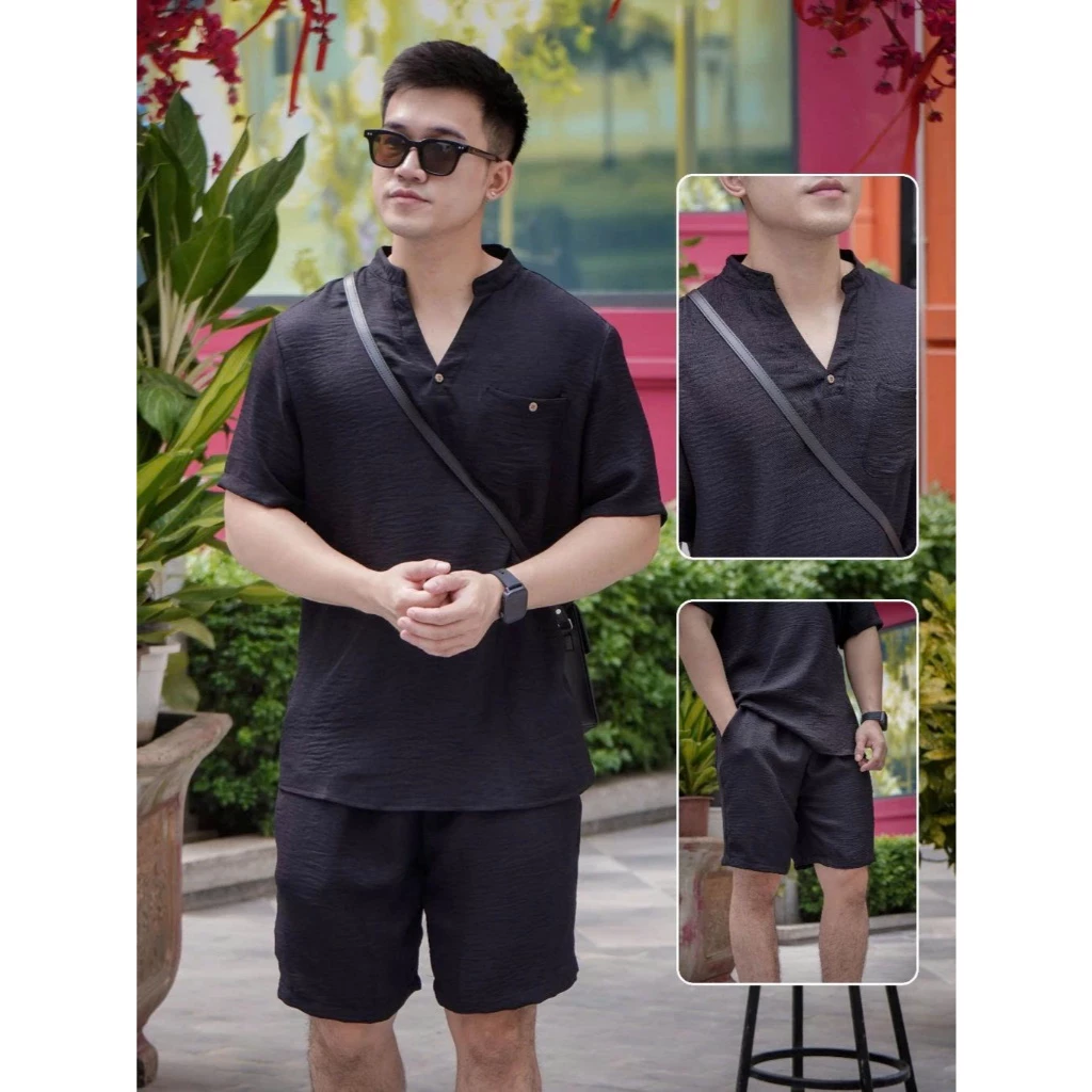 Bộ Đũi Nam GUDO Đồ Bộ Nam Chất Liệu Đũi Vân Mây Xuất Hàn Thoáng Mát Cổ Chữ V Phong Cách G02