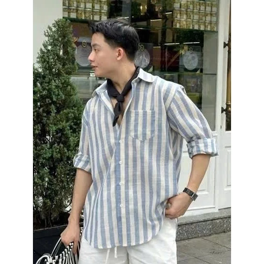 Áo Sơ Mi Linen Kẻ Sọc Unisex Form Rộng Thoáng Mát Mùa Hè, Đi Làm Đi Chơi Đều Đẹp G07