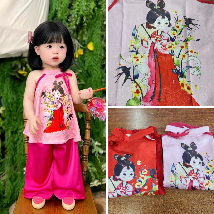 [Ảnh Thật] Bộ quần áo trẻ em in chị hằng cho bé đi chơi, mặc tết, đi biểu diễn văn nghệ múa nhóm trường lớp màu hồng đỏ