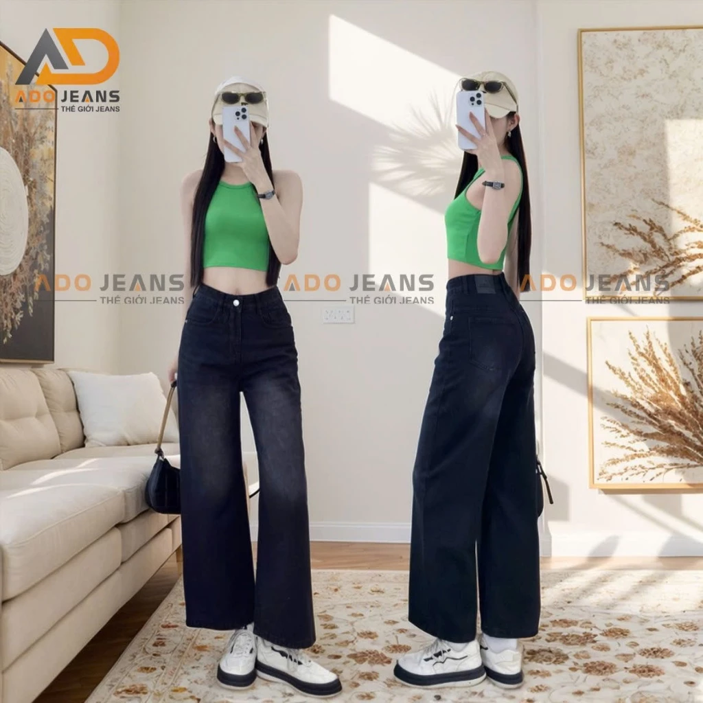 Quần Jean ống rộng cạp cao 2 màu Đen-Tro dài 94cm ADO JEANS (Mã DJ94)