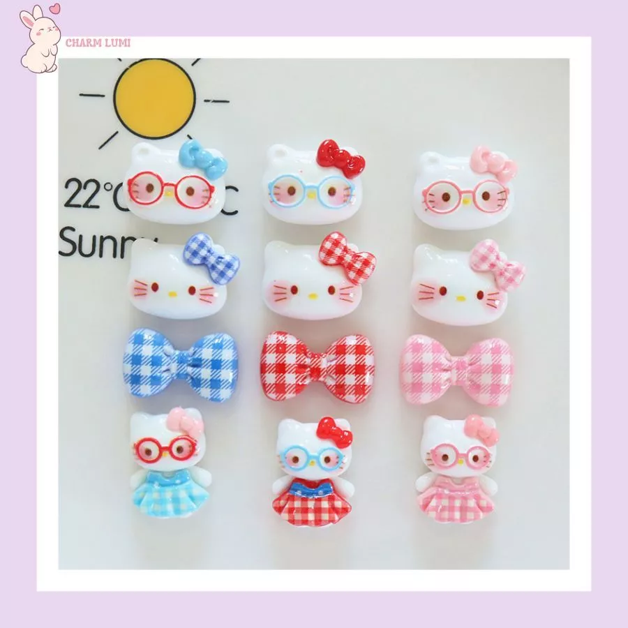 🎀 Charm Mèo Kitty Nơ Caro Mini – Đồ Trang Trí Phụ Kiện Thủ Công, Decor DIY-Charm Lumi