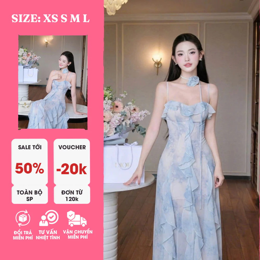 Đầm Maxi Hai Dây Voan Xanh Dương – Nữ Tính, Bay Bổng, Dạo Biển & Sống Ảo