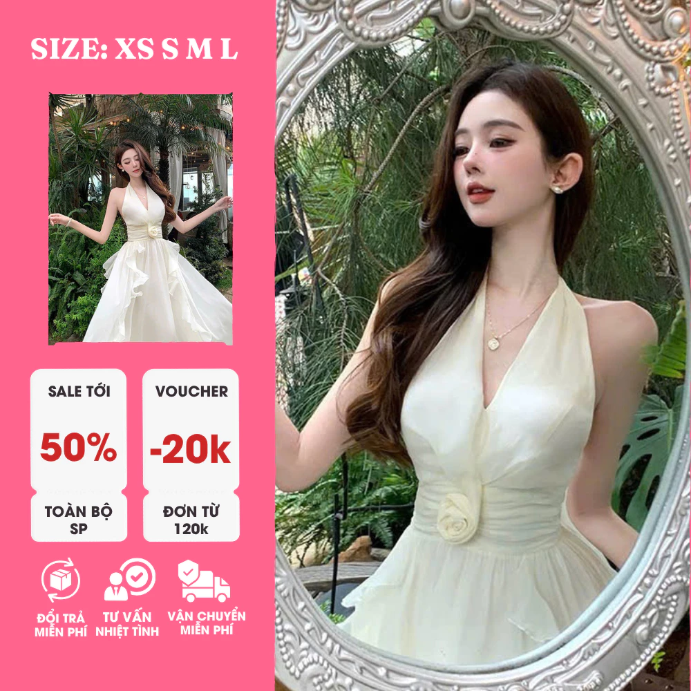Đầm Voan Maxi Trắng Hở Lưng Nhún Eo – Nữ Tính, Bay Bổng, Sang Trọng
