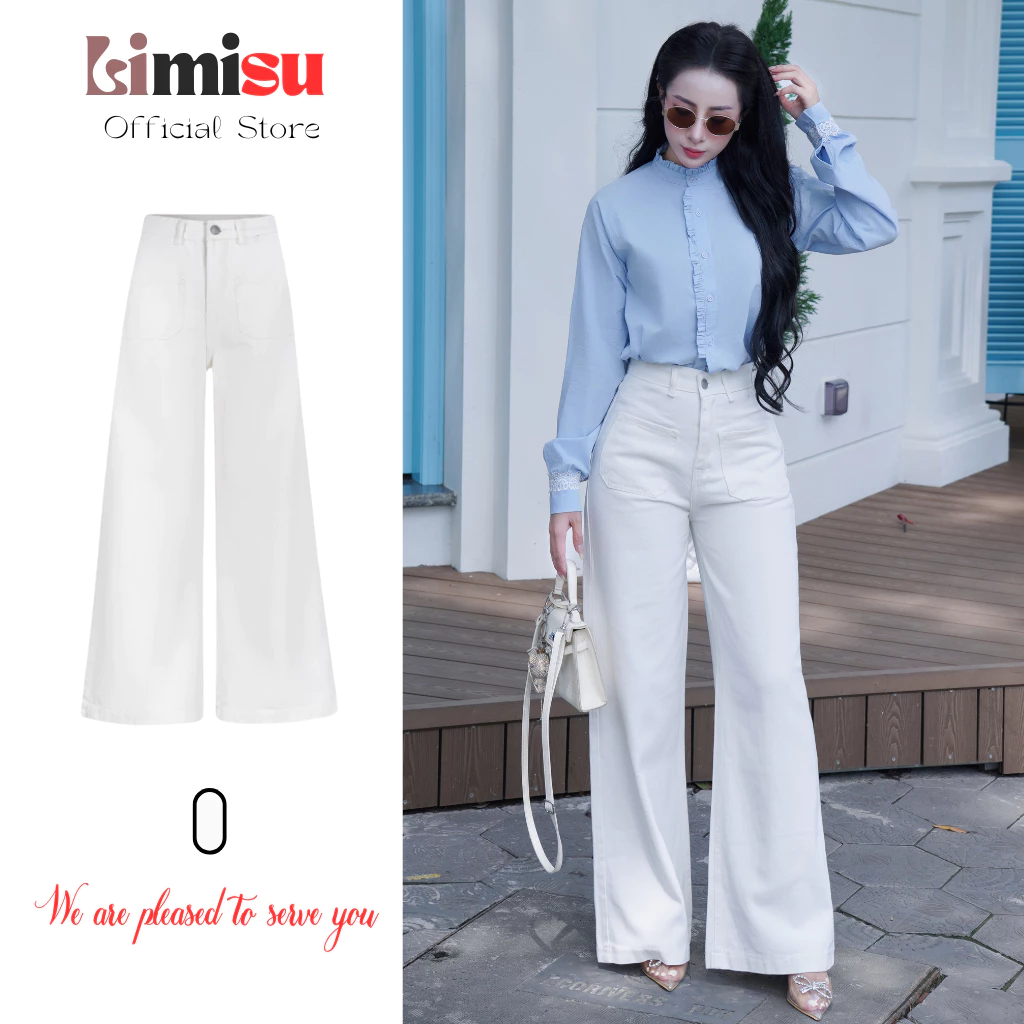 Quần Jean Nữ Lưng Cao Ống Rộng LIMISU Phối Túi Kiểu Màu Trắng Bacsic Sang Trọng