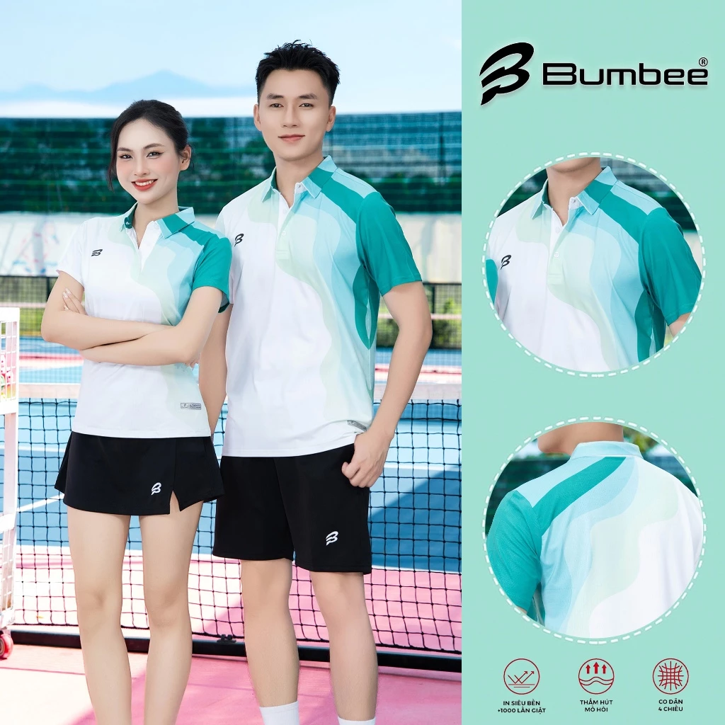 Áo Thể Thao Cổ Bẻ Bumbee B Phối Màu Xanh Trắng Dùng Cho Cầu Lông Tennis Pickleball Size M L XL XXL Mã (8810 lá)