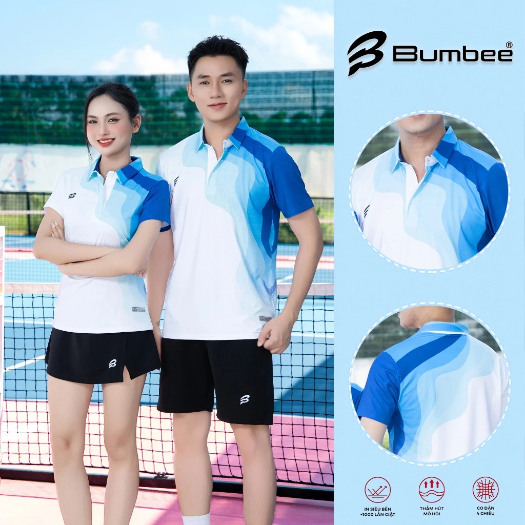 Quần Áo Pickleball Cầu Lông Nam Nữ Bumbee B Xanh Trắng Phối Màu Sóng Biển – Vải Mè Co Giãn 4 Chiều (8810 dương)