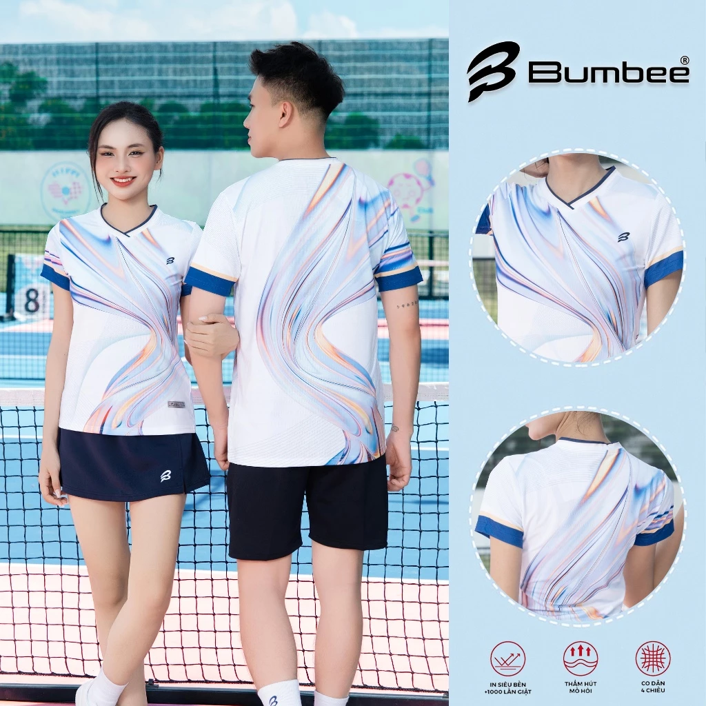 Áo Cầu Lông Bumbee Màu Trắng Xanh – Co Giãn 4 Chiều, Thoáng Mát, Chơi Cầu Lông, Pickleball (618 xanh biển)