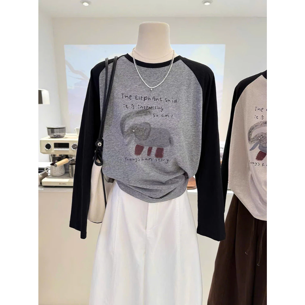 Áo Thun Nữ Tay Dài Phối Màu Sắc Tương Phản Phong Cách vintage Hàn Quốc menina_St, áo thun dài tay Ragan chất cotton xược