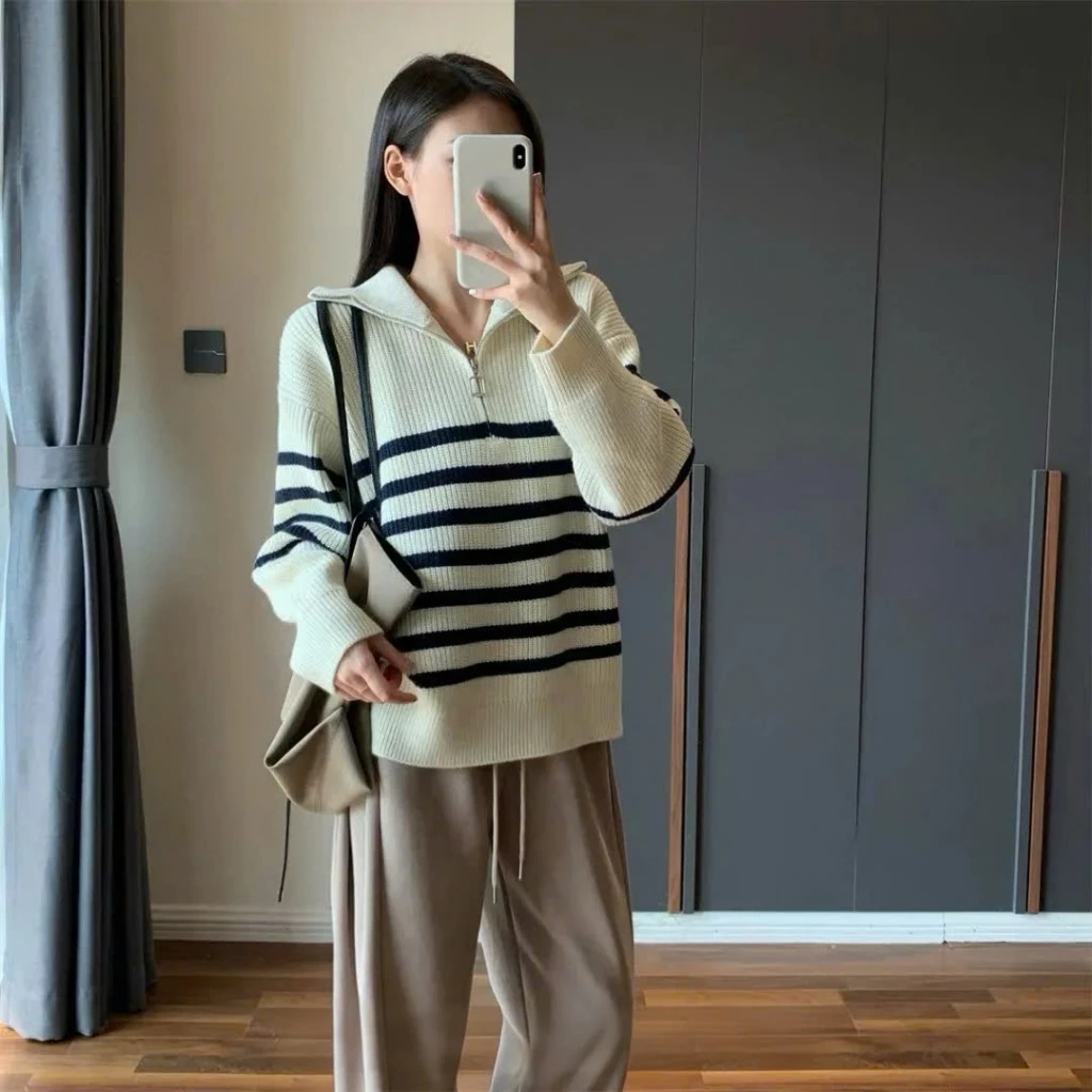 𝙃𝘼𝙉𝘼.𝘾𝙡𝙤𝙩𝙝/Áo Len Cổ Lọ Phối KHÓA họa tiết kẻ ngang chất len Tăm Dày Dặn Khóa Zip trơn Phong cách Hàn Quốc Thời trang Nữ