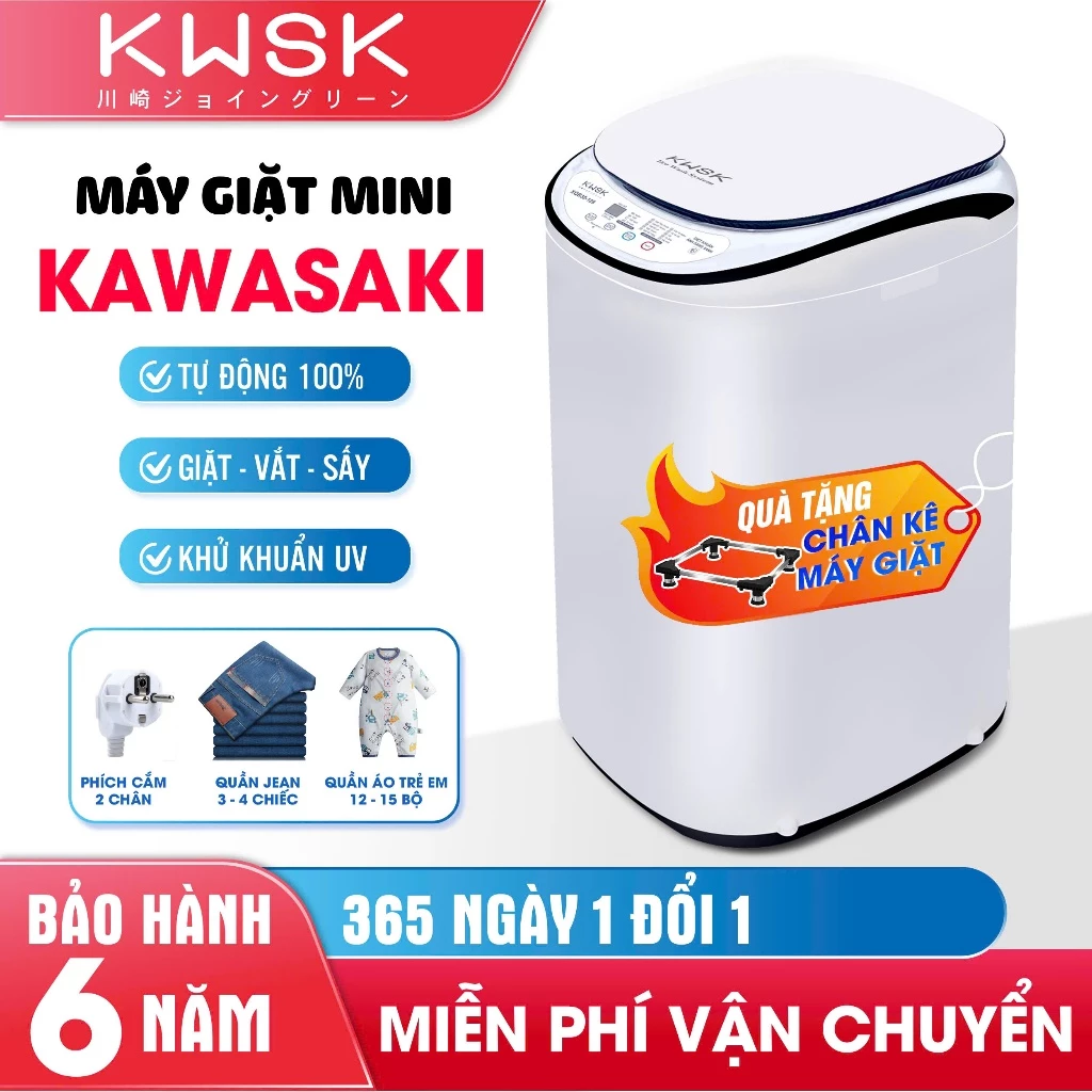 Máy giặt mini PVL - KAWASAKI Mặt kính cường lực, 5kg, giặt, vắt sấy, KT máy 42x45x75cm , KT lòng máy 32x30cm - BH 6 Năm