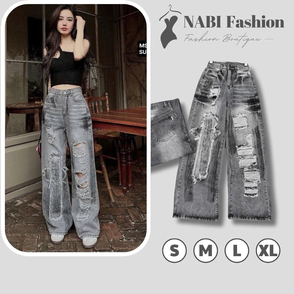 Quần Jean Ống Suông Nữ Rách Chữ Thập Xám Muối Tiêu , Quần Ống Rộng NABI Fashion Lên From Cá Tính Ôm Eo Tôn Dáng