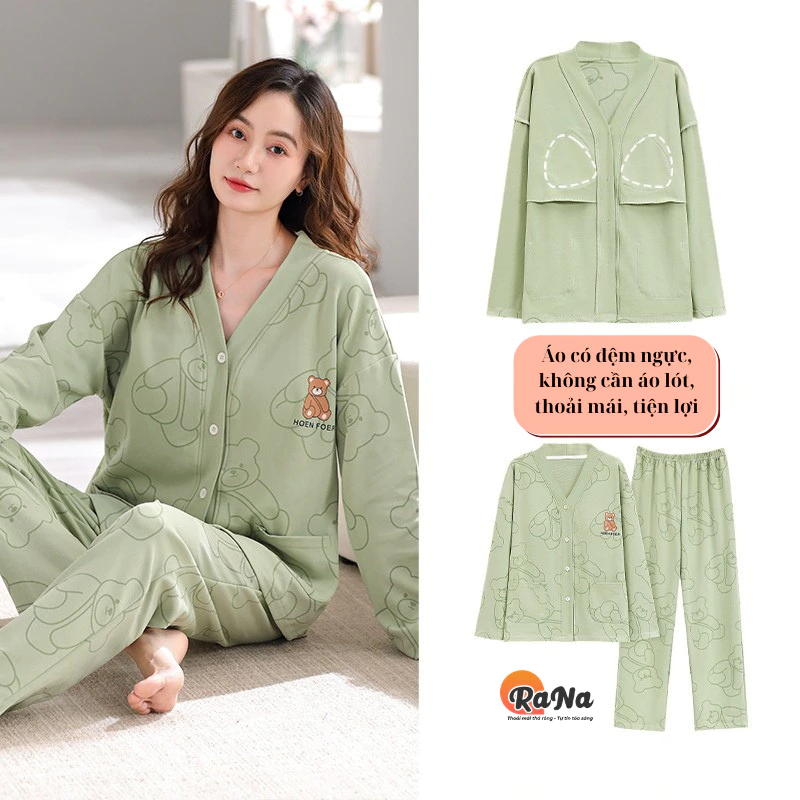 Bộ dài tay pijama có sẵn đệm ngực cotton mềm mịn bộ ngủ thu đông xinh cho nữ mặc nhà