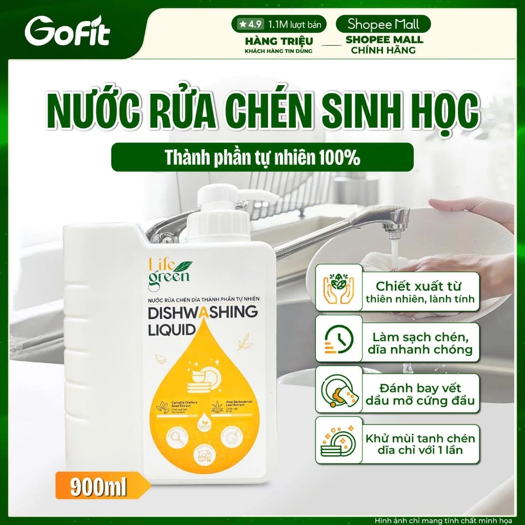 Nước rửa chén sinh học LifeGreen - Hương sả chanh tự nhiên, Khử mùi, Diệt khuẩn - 250ml & 900ml