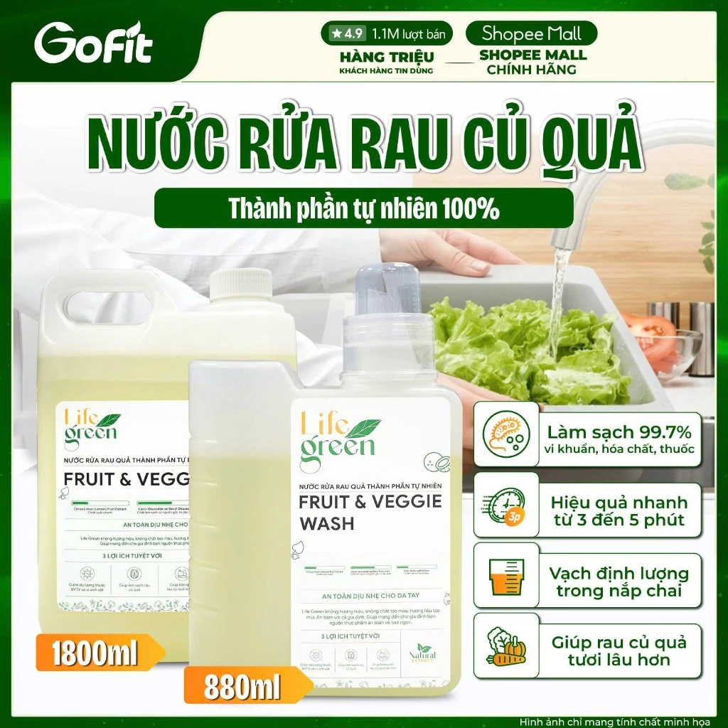 Nước ngâm rửa rau củ quả sinh học Life Green, Saponin thực vật, Không hương liệu - 880ML/1.8L/2.8L