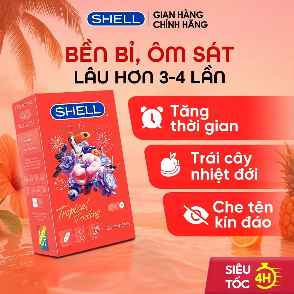 Hộp 10 Bao Cao Su Shell Tropical Prolong Chính Hãng Hỗ Trợ Kéo Dài Thời Gian Hương Hoa Quả Nhiệt Đới