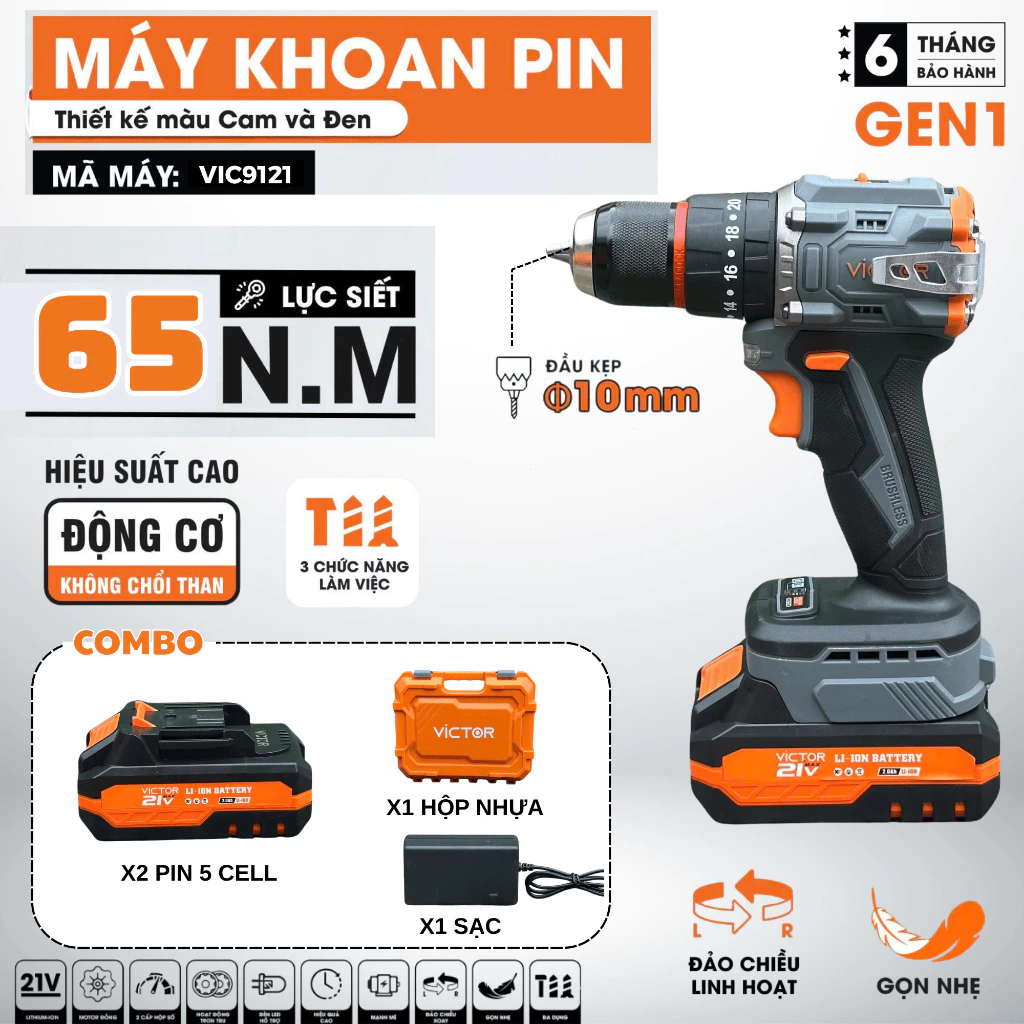 Máy Khoan Pin 10mm Victor VIC9121 3 Chức Năng Không Chổi Than 2 Pin 5 Cell Auto Lock Chân Pin Phổ Thông Bảo Hành 6 Tháng