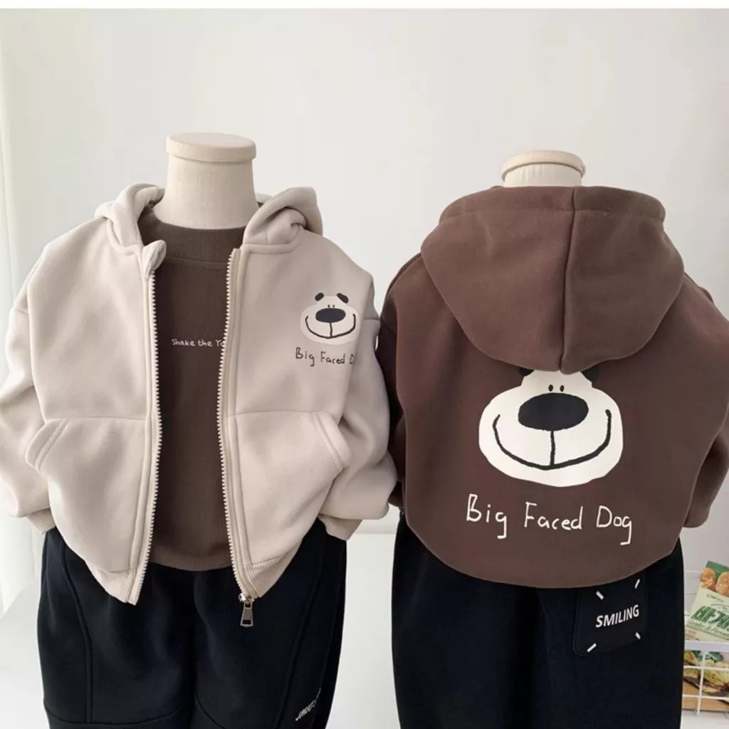 Áo khoác nỉ bông có mũ, có túi, hình in trước và sau áo, 2 màu, size 8-19 kg