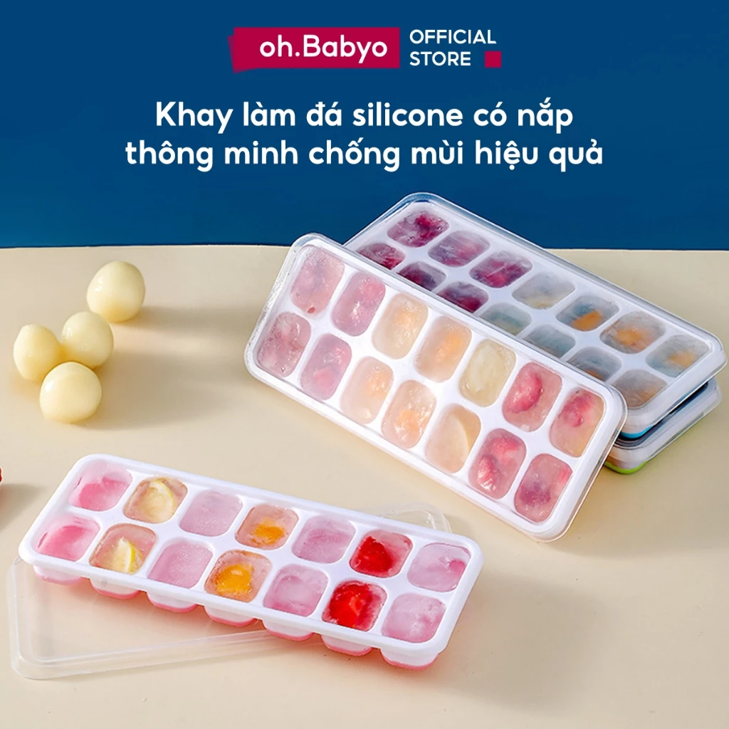 Khay Đá Silicon Có Nắp Đậy ohBabyo Khuôn Làm Đá Thạch Kem Đựng Đá Tủ Lạnh Bảo Quản Chống Mùi