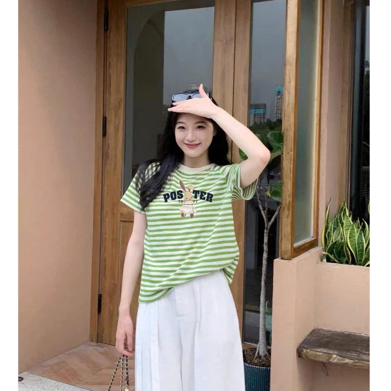 Màu mới- Áo thun nữ sọc ngang xanh ngọc in hình ALICEVN, Áo phông nữ kẻ sọc chất thun Cotton 2c mềm mát, thấm mồ hôi tốt