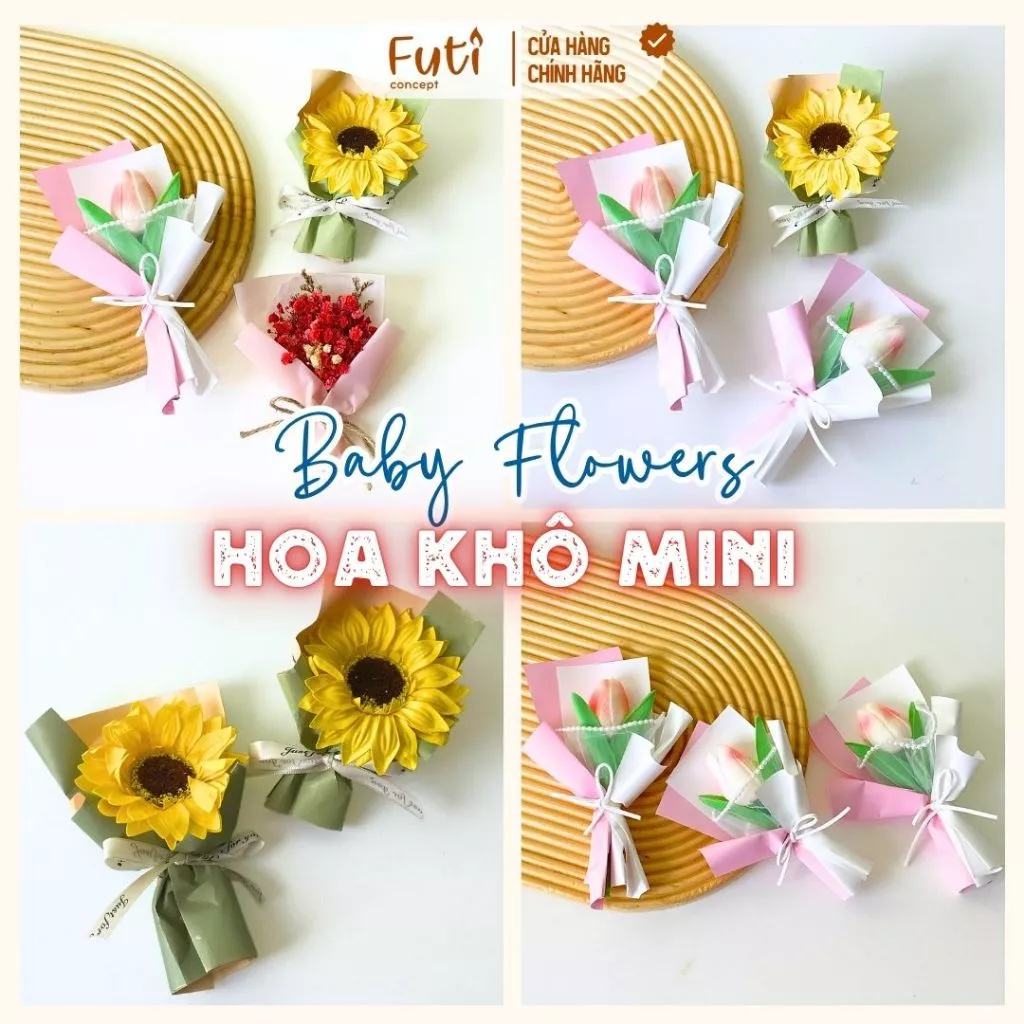 Bó Hoa Baby Khô Mini Dễ Thương, Bó Hoa Hướng Dương, Hoa Tulip Phụ Kiện Quà Tặng Xinh Xắn