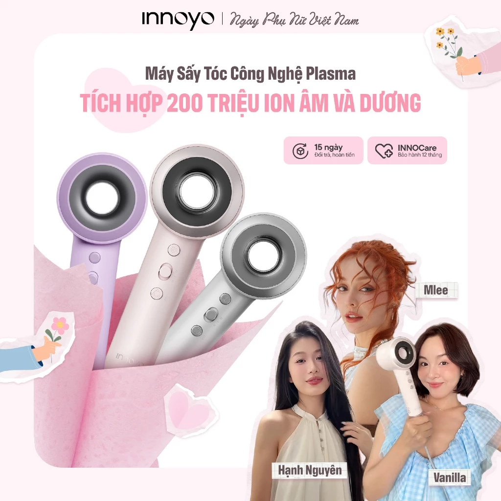 (Tặng Đầu Sấy) Máy sấy tóc INNOYO Công nghệ Plasma- Ion Âm Dương- Cảm biến- BH 12T- 100% Chính Hãng