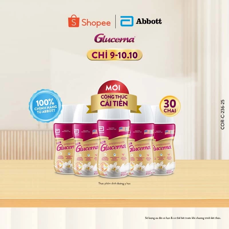 Thùng 30 chai sữa nước Glucerna uống liền tiện lợi 220ml (mẫu thùng thay đổi tùy từng đợt nhập hàng)