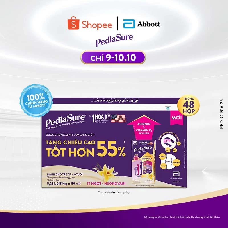 Thùng 48 Hộp Sữa nước Pediasure Vani ít ngọt 110ml/hộp (bao bì thay đổi theo từng đợt nhập)